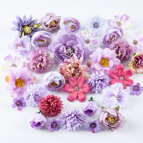 BellaGesundheit 33 Stück Kunstblumen zum Basteln, 2.5~8cm Künstliche Seidenblumen, Mini-Deko-Blumen für DIY Hochzeitsdeko, Party, Scrapbooking, Haarschmuck, Home Decor (Lila)