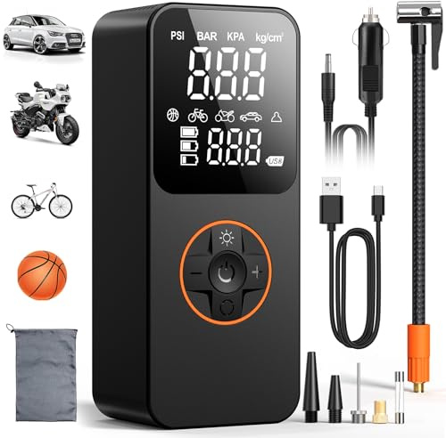 Compressore Aria Portatile Mini Compressore Portatile, 150PSI 6000mAh Pompa Elettrica Portatile Inflazione Rapida con Torcia LED, Spegnimento Automatico,per Auto, Moto, Bicicletta, Palloni (Nero)