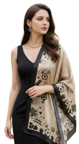 LA FERANI Seidenschal beige schwarz klassisch Satin Halstuch Frühling Sommer Schal formelle Anlässe Tuch Umschlagtuch leicht 180x90 Geschenk für Sie Frau (Model 13) G1