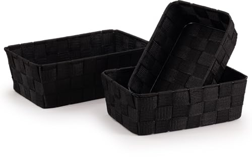 EHC Set of 3 Woven Nestable Storage Boxes, Lightweight Woven Basket for Shelves, Home Organiser Box, Gift Hamper Baskets - Black