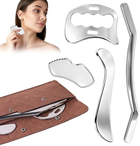 4-in-1 Gua Sha Edelstahl, Edelstahl Muskelschaber Werkzeug, Lymphdrainage Massage Tool, Muskel Faszien Schaber mit Filz Aufbewahrungstasche für Beine, Rücken, Gesicht, Nacken, Massage Gua Sha