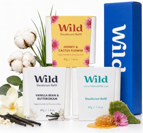 Wild Assortiment de Recharges de Déodorant Naturel sans Aluminium - Comprend les parfums Honey & Cactus Flower, Vanilla Bean & Buttercream and Fresh Cotton & Sea Salt - Protection Longue Durée 24 h
