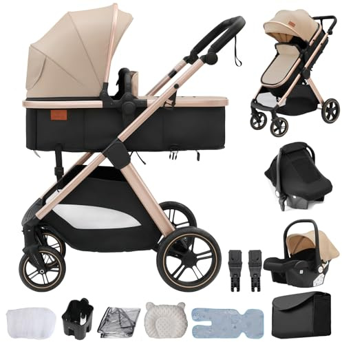 Oubeauou Reisesystem 3 in 1, kombi Kinderwagen, von Neugeborenen bis Kleinkind, All-Terrain, Einhand-Klappbar, Hochsitz-Baby-Kinderwagen, wandelbarer Babywagen