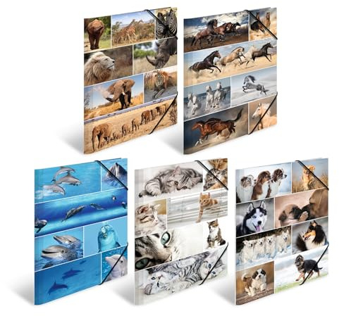 HERMA Sammelmappen A3 Tiermotive Set, 10 Stück, Kinder Eckspanner-Mappen aus Pappe mit Tier Motiv, Gummizug, Innenklappen und Innendruck für Jungen und Mädchen