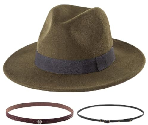 Filzhut mit breiter Krempe für Damen und Herren – mit Zierband und Gürtelschnalle, größenverstellbar