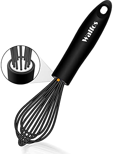 Walfos Fouet en Silicone Noir 21,5 cm - Mélangeur en Acier Inoxydable Avec Fils en Silicone - Pour Mélanger, Battre, Mousser et Remuer