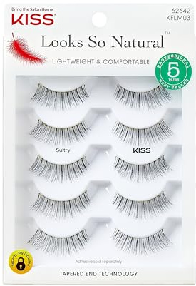 KISS Looks So Natural, False Eyelashes, 'Sultry', 12 mm, Includes 5 Pairs Of Lashes, Contact Lens Friendly, Easy to Apply, Reusable Strip Lashes, Glue-On