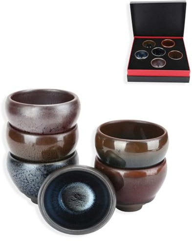 HERCHR Set de 6 tasses à thé Kung Fu, petite tasse à café en céramique japonaise Set de tasses à thé portable avec boîte cadeau pour la maison, le bureau (#1)