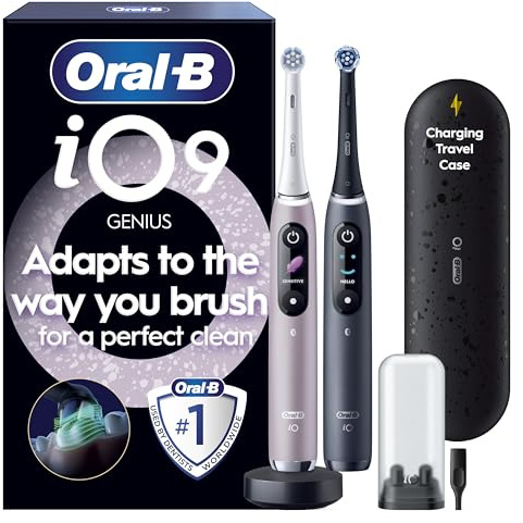 Oral-B iO9 2x Electric Toothbrushes For Adults, Oral B Electric Toothbrushes, Gifts For Women / Men, 2 Toothbrush Heads and Charging Travel Case, 7 Modes with Teeth Whitening, 2 Pin Plug, Black