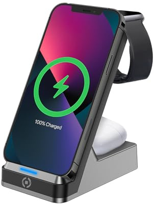 Celly WLSTAND3IN1BK, Supporto Smartphone 3 in 1 con Caricatore Wireless per Telefono, Auricolari e Smartwatch, Caricatore Smartphone Wireless, Ricarica Veloce e Design Moderno