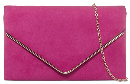 KOKO FASHION Ladies Faux Suede Envelope Clutch Bag Girls Prom Shoulder Bag Party Women's Evening Wedding Bridal Small Handbag (Fuchsia)
