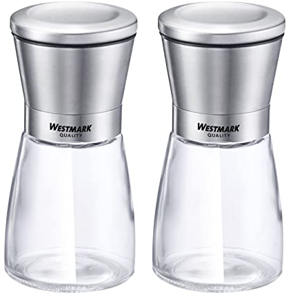 Westmark Juego de molinillos de especias, contenido: 2 molinillos con mecanismo de cerámica, cristal, cerámica y acero inoxidable, transparente, plata y negro, 63352260