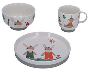 Sterntaler Baby unisex barnservis set porslin porslinsset 3-delad åsna – frukostset, babyporslin, barntallrik – vit