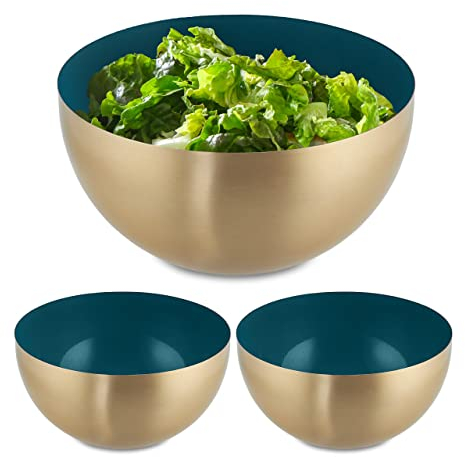 Relaxdays 3X Ciotole da Insalata, Acciaio Inox, 2 Litri, Insalatiera da Ø 20 cm, Scodella Portafrutta da Cucina, Verde Oro