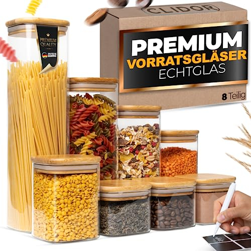CLIDOR Vorratsgläser mit Deckel, Eckig - 8er Set - 5,2L Vol., Erhöhte Glasstärke, Vorratsdosen mit Deckel luftdicht, Aufbewahrungsbox Küche für alle Lebensmittel, Glasbehälter, Küchen Organizer