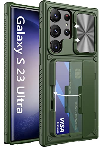 Vihibii Cover per Samsung S23 Ultra con Porta Carte e Scorrevole per Fotocamera, Robusto Resistente ai Graffi, Protezione di Livello Militare Custodia a Portafoglio per Galaxy S23Ultra, Verde Scuro