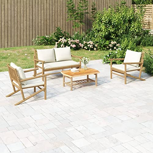 Yolola 4-TLG Balkonmöbel Lounge Kleiner, Loungeset Gartenmöbel, Loungemöbel Terrasse, Gartenmöbel-Set Bambus,Gartensofa Bambus, Gartenmöbel, Gartenlounge, Eckmodul, Creme