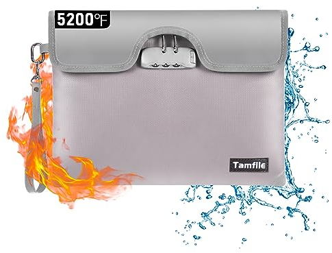 Tamfile 5200°F Feuerfeste Dokumententasche mit Schloss, 34x25cm wasserdichte Geldtasche, Tresor Feuerfeste Aufbewahrungstasche mit Reflektierendem Streifen für Dokumente, Bargeld, Silber