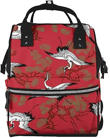 ARCOFF Japanische Kraniche Vogel und Zedernblätter Muster Wickeltasche Windel Rucksack für Frauen Männer Mode Reisetaschen Casual Daypacks Rucksack, mehrfarbig, One size