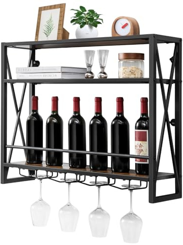 GIANTEX Weinregal Wandmontage, Flaschenregal 3 Ebenen mit Glashalter, Weinregal Wand aus Holz & Metall, Weinflaschen Wandregal Industriell, schwebendes Weinregal für Küche, Zuhause 80x20x63 cm