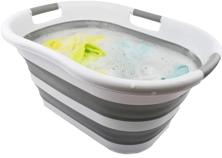 SAMMART 40l faltbarer Wäschekorb aus Kunststoff, zusammenklappbarer Pop-Up-Aufbewahrungsbehälter/Organizer – tragbare Waschwanne – platzsparender Wäschekorb (Weiß/Grau)