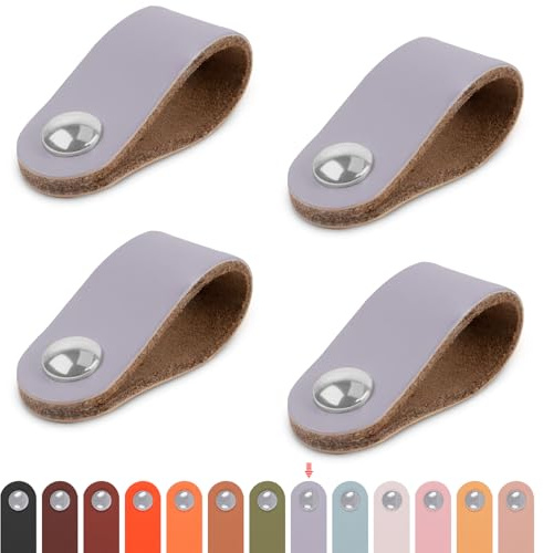 LEREATI Ledergriffe für Möbel 4 Stück Schrankgriffe mit Schrauben Möbelgriffe Vintage Schubladengriff Knöpfe Möbelgriff Kunstleder für Küchenschränke Schränke Bad (Grau, für einzelne Löcher)