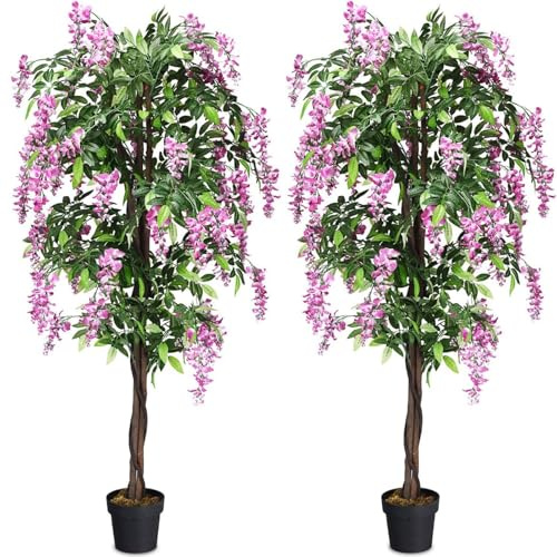 COSTWAY 150CM/180CM Ficus Artificial Tree, Fake Wisteria Trees in Nursery Pot, Indoor Outdoor Greenery Tall Faux Floor Plant for Living Room Office Decor (2, 180CM, Green+Rose)