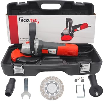 BOXTEC Betonschleifer 125 mm Sanierungsfräse Betonfräse 1.400W mit Drehzahlregelung und Absaughaube, Set mit Koffer, Kategorie:1400 W / 125mm inkl. 1x Schleiftopf
