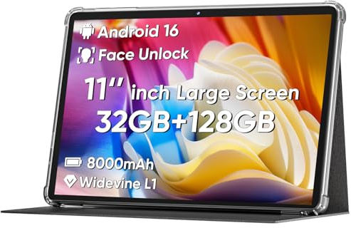 COLORROOM 2026 Android 16 Tablet 11inch, Face Unlock, 18W Fast Charging, 32GB+128GB+1TB Expand, Octa-core CPU, 8000mAh Large Battery, WiFi6, Touchscreen Display, Widevine L1 Tableta, Black