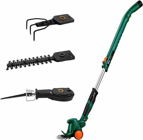 Herramientas de poda de jardín 4 en 1, cortacésped/Cortasetos/Sierras de pértiga/escarificador, cortacésped eléctrico inalámbrico con Rueda y Varilla telescópica, 1 batería