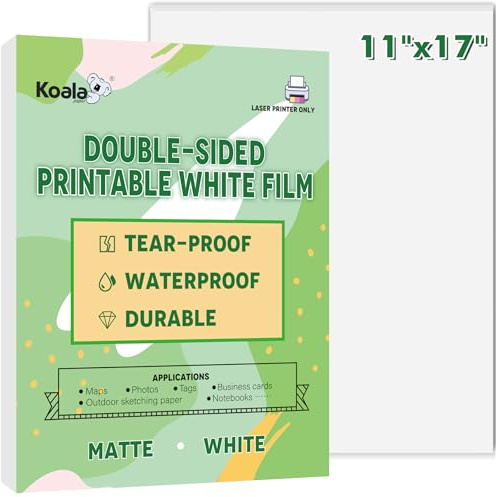 Koala Wasserdichtes Papier für Laserdrucker, 27,9 x 43,2 cm, reißfestes Druckerpapier, matt, doppelseitig, bedruckbar, weiße Folie, 25 Blatt zum Drucken von Rucksackkarten