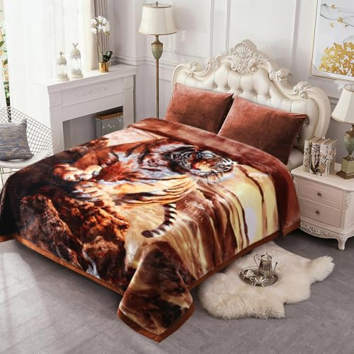 JML, Fleecedecke im koreanischen Stil, King-Size (ca. 221×239 cm), 4,8 kg, 2-lagig, Raschel-Fleece, beidseitig mit Tiger- und Pferd-Motiv, seidig weich, dick und warm für Herbst und Winter