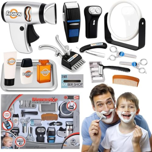 Xwin Sportseries Kids Barber Play Set - 17 PCS Kids Hairdressing Toy Set, Barber Salon Hair Stylist Role Play Grooming Tools Kit with Hair Dryer, Clipper, Shaver, Scissors Role Play Kit Ages 3+ Years