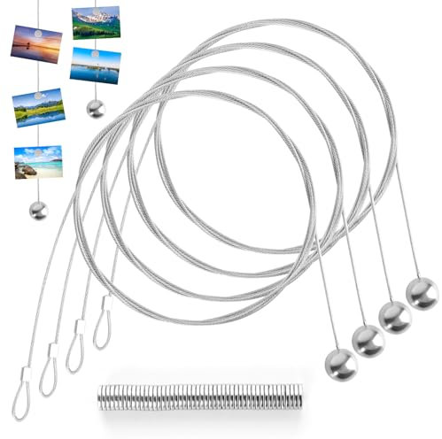 Haocjanc 4 Stück 1.5mm*2m Fotoseil, Fotokette mit 48 Magneten, Drahtseil, Fotoseil Magnetisch zum Aufhängen Von Fotos und Postkartens（Silbrig）