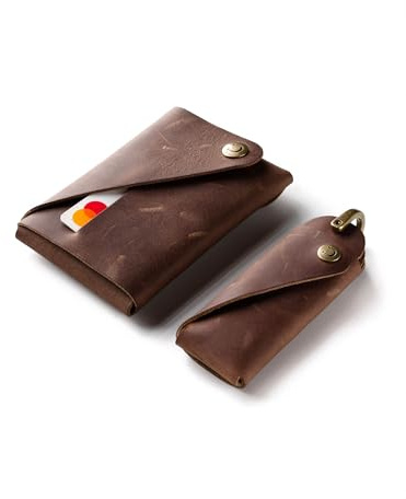 Crazy Horse Craft Set di Portafogli e Portachiavi Minimalisti, Marrone Classico, Porta Carte, Custodia per Carte, Kit Portachiavi, Legno Marrone, Small - for Keys Up