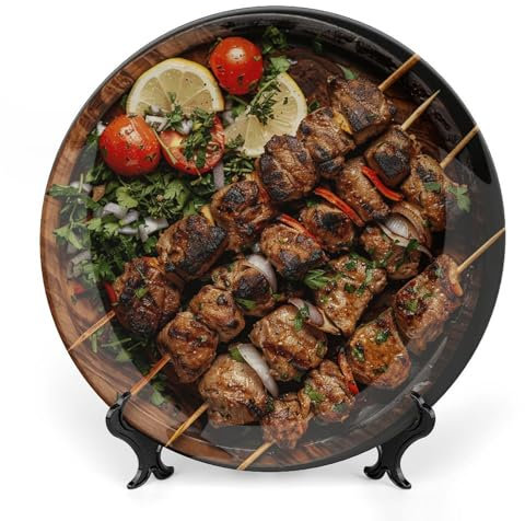 QWJKM Kebab sur assiette en bois - Assiettes décoratives en porcelaine anglaise de 20,3 cm - Motif imprimé - Avec support vertical - Assiette ronde en porcelaine - Élégant - Artisanat d'art pour