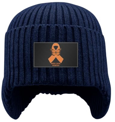 Kidney Cancer Awareness Beanie Hat with Earflaps Winter Knitted Hat for Men Women Warm Knit Skull Ski Hats for Outdoor Navy