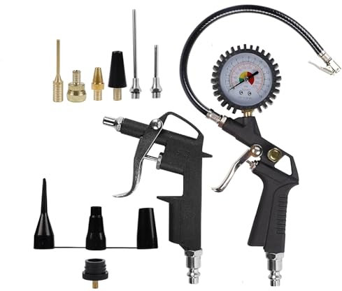 Air Compressor Accessories - 13 Piece Kit with Heavy Duty Air Blow Gun, 220 PSI Tyre Inflator Gauge and Rubber Hose