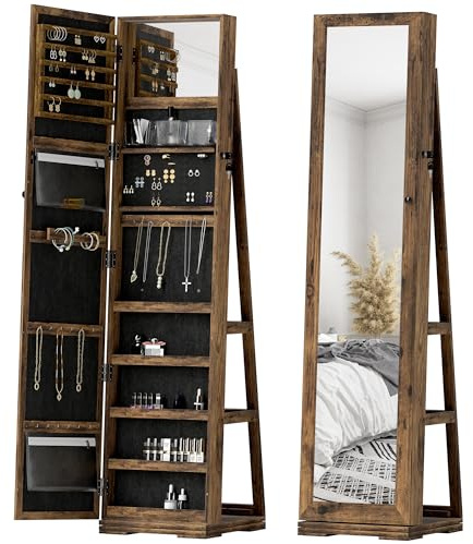 HOMCOM Armoire à Bijoux pivotante verrouillable boîte à bijoux avec Miroir - Armoire Bijoux Multi-Rangement - en Bois Brun Rustique
