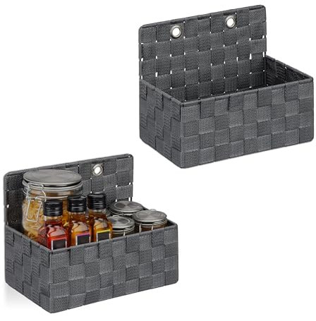 Relaxdays Aufbewahrungskorb hängend, 2er Set, Hängekorb in Flechtoptik, Bad, Flur, Wandkorb HBT 20 x 25 x 16,5 cm, grau