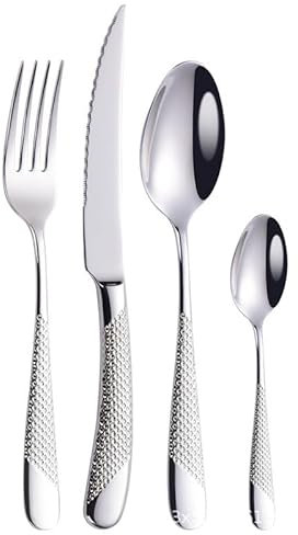 Silverbestick Bestickset, 4/16/24/32/40/48 Stycken Tjockt Rostfritt Stål Hammerspets Runt Handtag Bestickset Steak Kniv, Gaffel Och Sked,Svart-4Set-16St(Silver-12Set)