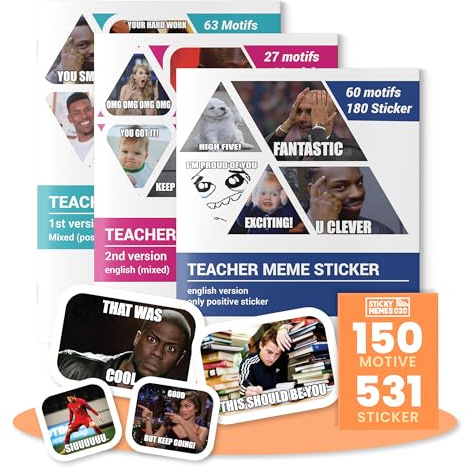3er Set Lehrer Meme Sticker (1.Version/2.Version/Nur positive) / Aufkleber 531 Stk. / 150 Motive/Lehrermemes für Noten –jedes Alter – Lehrer Sticker für Klassenarbeit & Schule – Lehrergeschenk