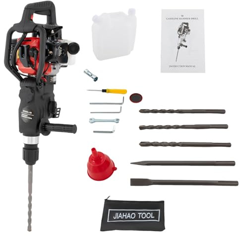 Demolition Jack Hammer, 2-stroke 33CC 1000W Gasoline Concrete Breaker Drill w/2 Chisels&Single Cylinder, 30J Impact Air Cooling Gas Power Concrete Breaker, Concrete Stone Breaker Punch Drill