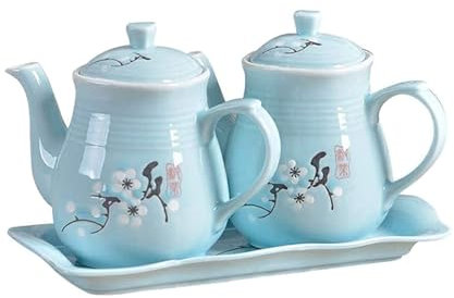 Distributeur d'huile et de vinaigre Bouteille d'huile en porcelaine Bot, lot de 2 430 ml de table en céramique, sauce soja ou cruet de vinaigre avec bec verseur, avec plateau Distributeur d'huile