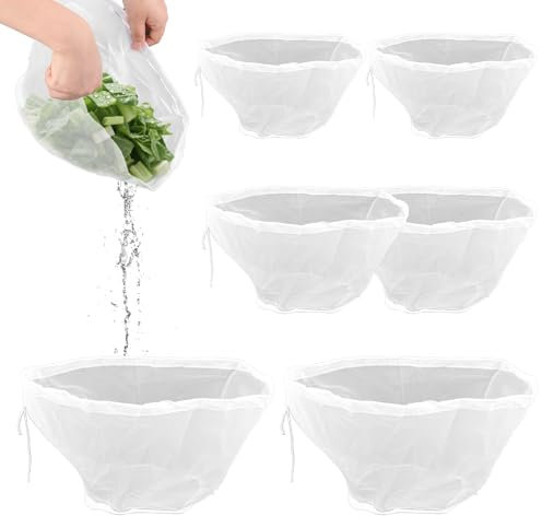 lasuroa 6 Bolsas Nailon con Forma de Tazón para Leche Frutos Secos, 3 Tamaños Bolsas Tela Queso Colador Reutilizable de Malla Fina para Leche Almendras Yogur Griego Zumos y Café (Blanco)
