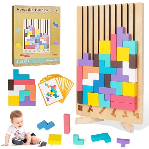 Holzpuzzle Tetris, Montessori Spielzeug ab 4 5 6 Jahr, Tetris Spiel, Lernspielzeug, Wooden Stacking Puzzle, Geometrische Blöcke Tetris, Geschenk für Jungen und Mädchen