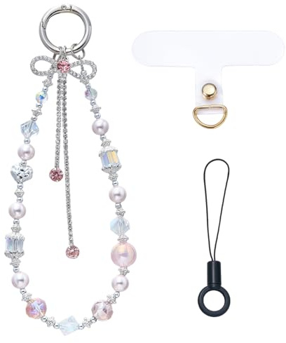 BEEFLYING Chaîne de Téléphone Portable avec Pendentif Nœud Rose Bracelet en Perles Lanière Dragonne Perlée en Cristal pour Porte-Clés Sac Étui D'Écouteurs Décoration