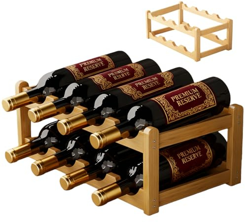 Weinregal Holz: Flaschenregal für 8 Flaschen, 2 Fach Flaschenhalter Aus Bambus, Natürlich Weinflaschenhalter, Wein Flaschen Regal, Flaschen Organizer Regal für Keller Küche Bar Esszimmer Schrank