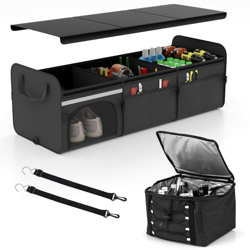 COSTWAY Car Boot Organiser with Cooler Bag, Collapsible Trunk Organizer with Lid, Removable Divider, Pockets, 2 Straps & Handles, Multi-Compartment Storage Box for Car SUV (67L, with Shoe Storage)