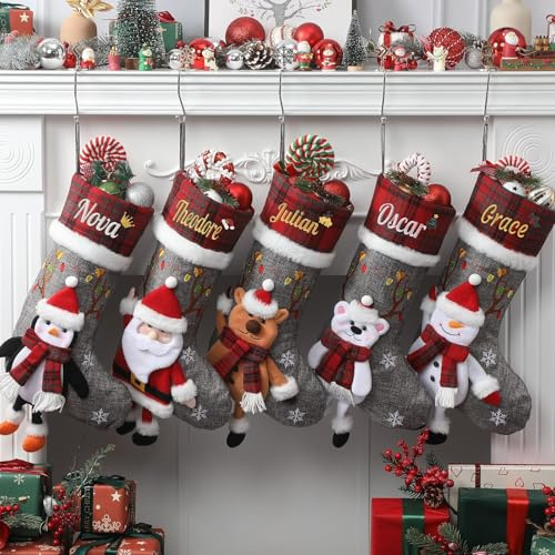 Infiher Personalised Christmas Stockings with Embroidered Name,Custom 3D Xmas Character Stocking 1 Pack 18” Large,Santa,Snowman,Reindeer & PenguinFireplace Hanging Burlap Plaid Grey Stockings